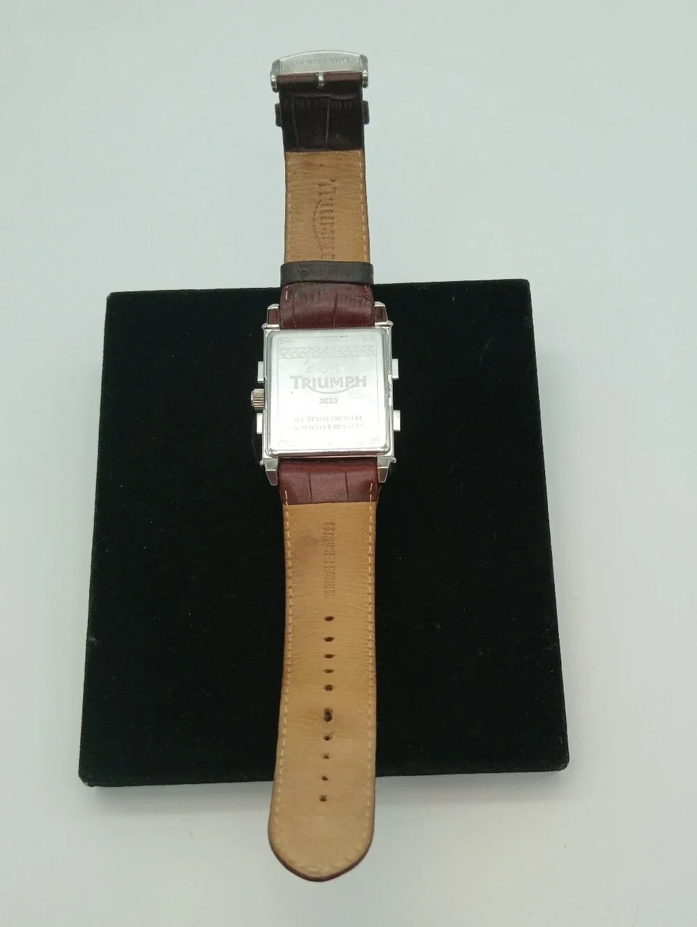 Triumph Rectangular Silver Tone Watch with Brown Leather Strap Very Rare